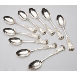 A set of nine Victorian Kings pattern silver teaspoons, maker George William Adams, London, 1865: 5.