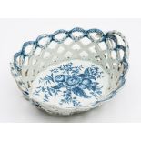 A Worcester First Period porcelain basket: of pierced oval form,