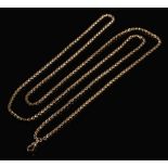 A late 19th century 9ct gold guard chain: of plain oval links, 148cm long,