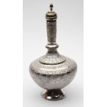 A traditional Persian silver plated vase and stopper: of squat ovoid form with slender knopped neck,