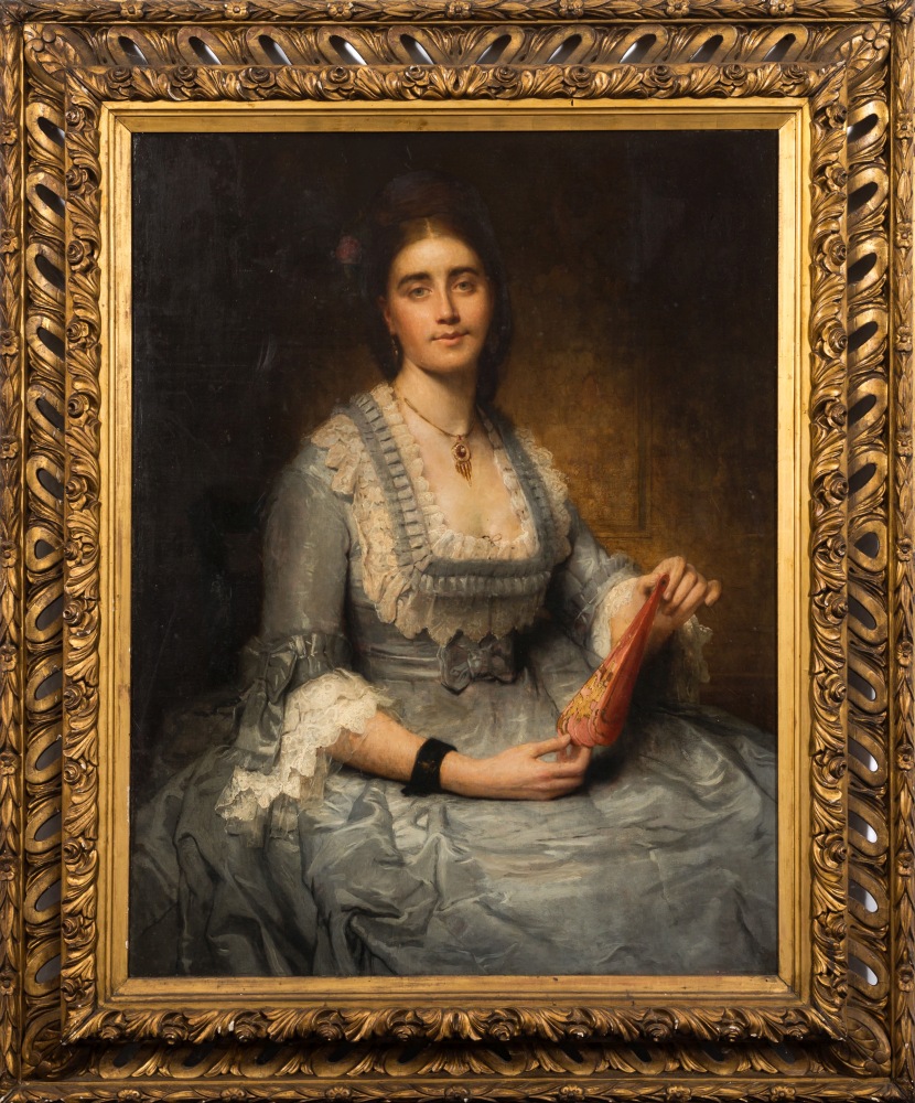 Desire Francois Laugee [1823-1896, French]- A portrait of Miss Clark, three-quarter length seated:-,