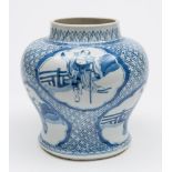 A Chinese blue and white jar: of baluster form painted with lotus shaped panels of scholars and