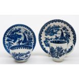 A Worcester First Period porcelain tea bowl and saucer and similar Liverpool cup and saucer: the