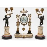 A French white marble and bronze clock garniture: the eight-day duration movement striking the