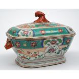 A Chinese Export octagonal tureen and cover: with boar's head handles and foliate finial,