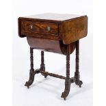 An early 19th century mahogany drop flap work table:, the hinged top with rounded corners,