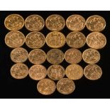 Ten sovereigns and twelve half-sovereigns:, various makers and dates.