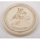 A 19th century Russian ivory box and cover: the circular lid carved in low relief depicting the