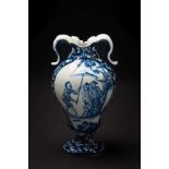 A rare Vauxhall blue and white vase: of ogee form with foliate scrolled handles,