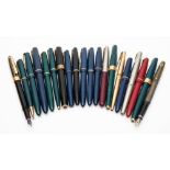 A collection of Parker Fountain pens:, including 'Slimfold', 'Duofold', '17' and others.