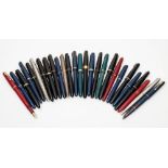 A collection of Parker Fountain pens:, including 'Slimfold', 'Duofold', '17' and others.