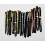 Fourteen various Conway Stewart fountain pens and a green marbled 'Nippy' No.2 propelling pencil:.
