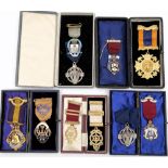 A group of ten various silver, silver gilt and enamel Masonic and Lodge jewels:.