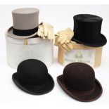 A grey top hat and two bowler hats by Lock & Co, London,