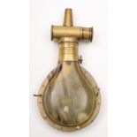 A Continental brass and horn powder flask: the circular body with spring action dram measure,
