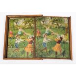 A set of early 20th century jigsaws in a wooden box:, each with polychorme lithograph scene.