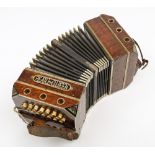 A late 19th century elm and mother of pearl inlaid 'Pearl Queen' concertina circa 1900:,