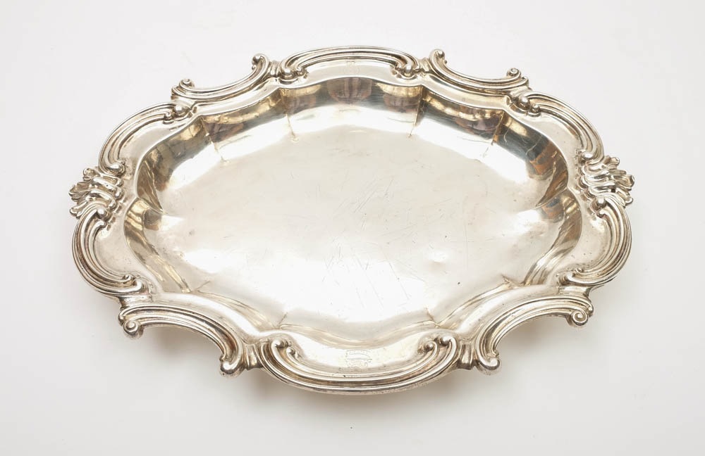 A silver cartouche shaped serving dish for the 54th West Norfolk Regiment by Benjamin Smith III,