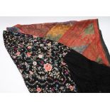 A Victorian black silk and floral embroidered shawl and a Chinese silk embroidered wall hanging:,