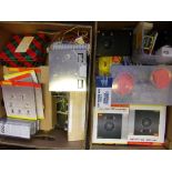 A collection of railway layout accessories: including figures, decoders, wiring lights,