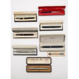 Seven Parker pens in boxes including a 'Victory', a '17', a 'Senior Duofold' and others:.