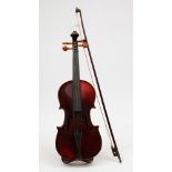 A 19th century student violin in case with bow:, both unsigned, the violin with scroll headstock ,