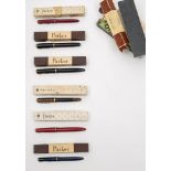 Six Parker Fountain pens in boxes:, including a Golden Brown and plain black 'Vacumatic' examples,