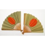 Two Japanese WWII period paper and bamboo fans:, one side with a Rising Sun the other with text.