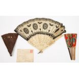 A Victorian bone and black lace fan (damaged) together with a later Chinese paper printed fan and a