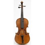 An early 20th century student violin and bow in an ebonised case:, the violin with scroll headstock,
