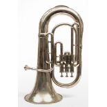 A nickel plated tuba:, unsigned, of typical form with 10 inch diameter bell, 58cm high.