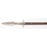 A 17th century German Boar spear:, stout broad leaf shaped blade with medial ridge,