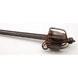 An 18th century English basket hilt sword:, the single edged blade with fuller,