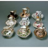 Nine English porcelain miniature jug and basin sets: the bowls of octagonal form with matching jugs