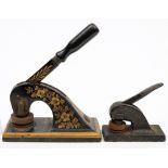 A late 19th century black lacquer embossing press by Jordon & Sons and one other smaller:,
