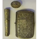 An Indian silver filigree cigarette case: together with a small oval box and a sleeve case,