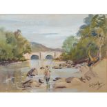 * Michael Lyne [1912-1989]- Fly fisherman at a pool beneath a stone bridge:- signed watercolour 19