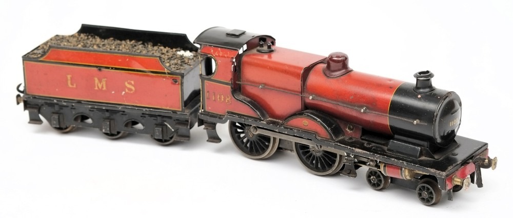 Basset Lowke a 4-4-0 3RE locomotive No 1108, with six wheel tender: in LMS maroon livery.