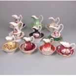 Ten English porcelain jugs and basins: of various shapes and forms, all unmarked,