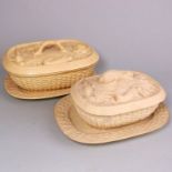 Two similar cane ware pie dishes, covers,