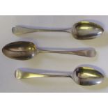 Three Georgian silver Old English pattern tablespoons, various makers and dates: initialled,