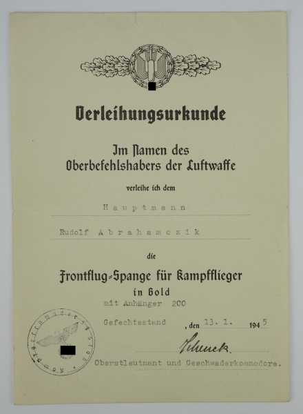 3.1.) Urkunden / Dokumente Frontflug-Spange für Kampfflieger, in Gold, mit Anhänger 200 Urkunde - Image 2 of 2