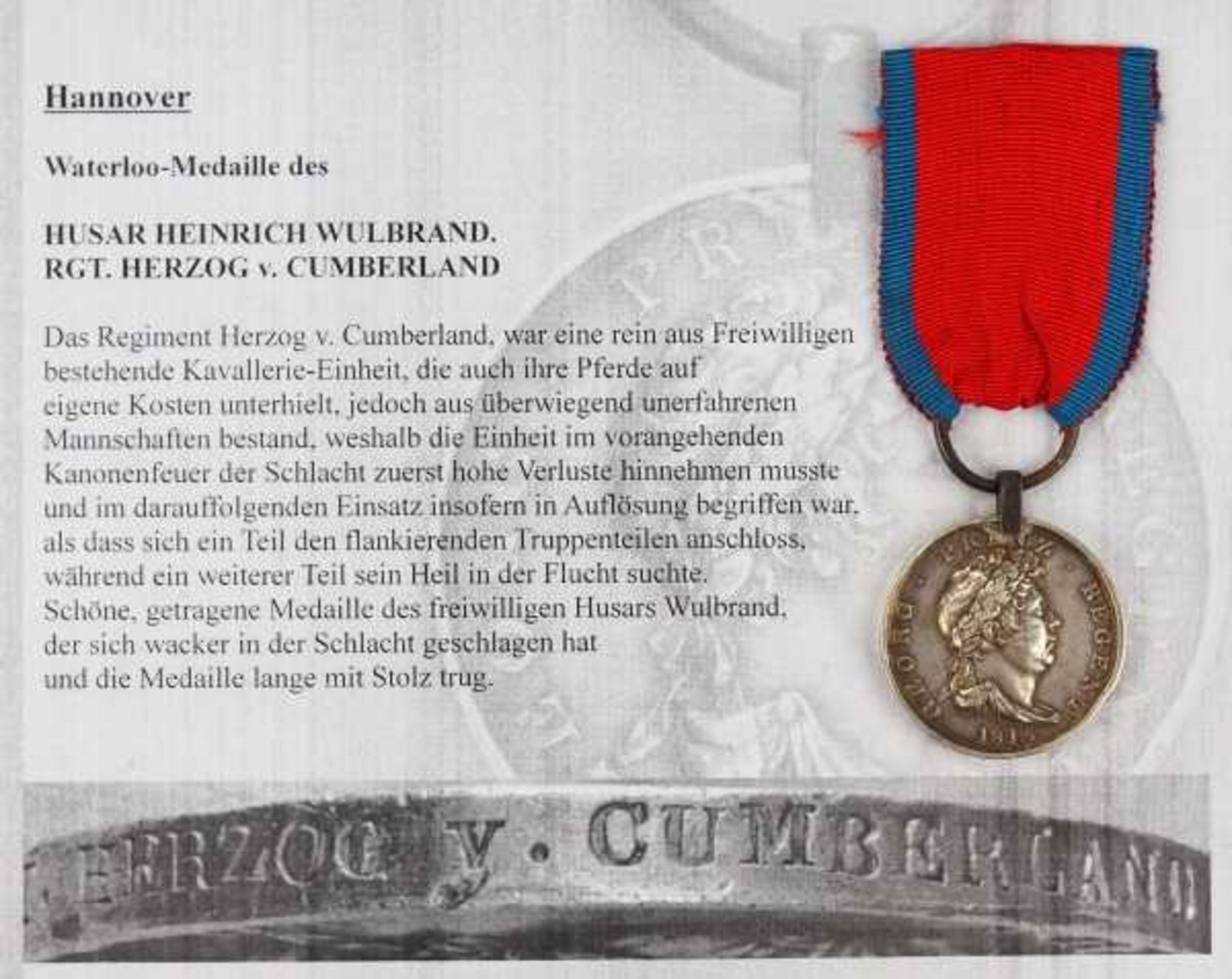 1.1.) Kaiserreich (bis 1933) Hannover: Waterloo-Medaille des Husars Wulbrand des Rgt. Herzog von