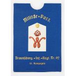 3.1.) Urkunden / Dokumente Militär-Pass Hülle des Braunschweig.=Inf.=Regt. Nr. 92.Blaues Leinen,