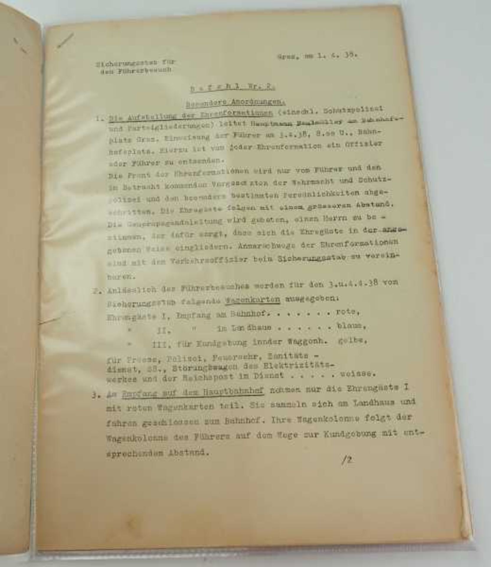 3.1.) Urkunden / Dokumente Aufmarschbefehle anlässlich des Besuchs Adolf Hitlers in Graz 1938.
