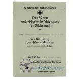 3.1.) Urkunden / DokumenteVorläufiges Besitzzeugnis für das Ritterkreuz des Eisernen Kreuzes des