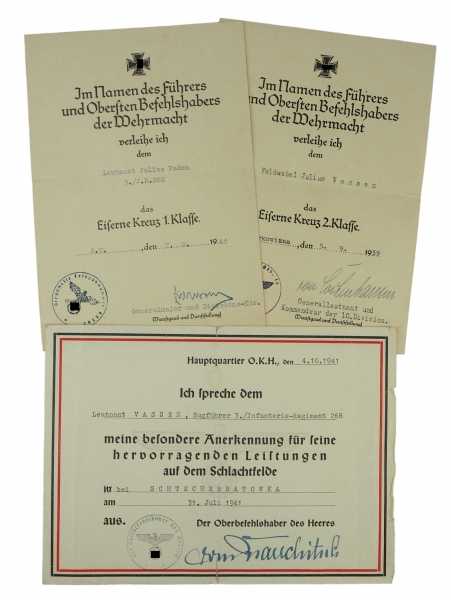 3.1.) Urkunden / Dokumente Urkundengruppe des Leutnant und Zugführers Vassen der 3./ Infanterie-