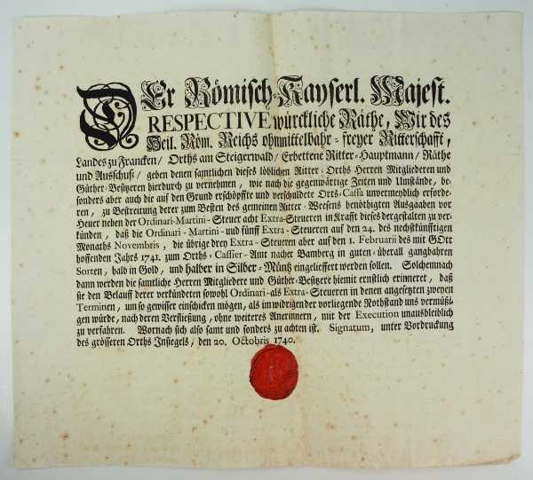3.1.) Urkunden / Dokumente Preussen: Kaiserliche Urkunde von 1740 mit Siegel.Vordruck, datiert 20.