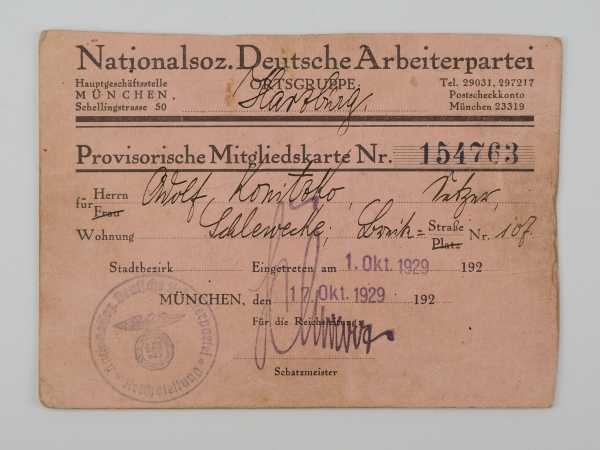 3.1.) Urkunden / Dokumente NSDAP Mitgliedsausweis 1929.Ausgestellt München, den 17. Oktober 1929.
