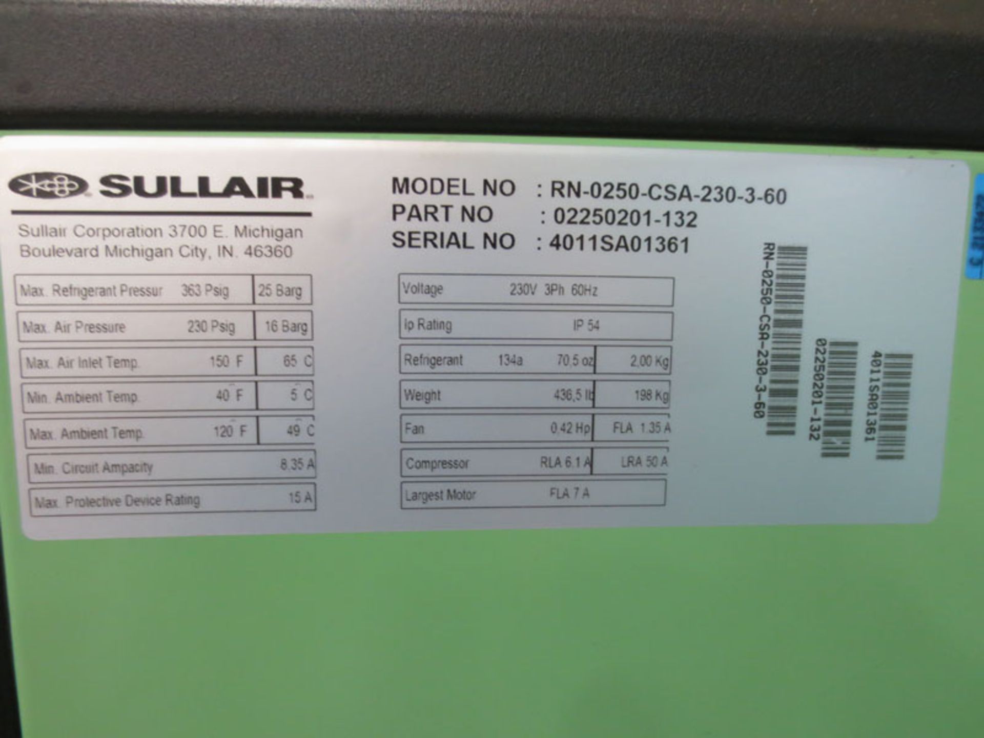 Sullair RN250, s/n 4011SA01361, Compressed air dryer - Image 4 of 4
